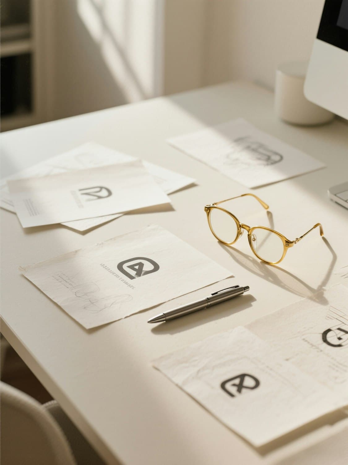 Logo sketches on a white desk beside gold glasses and a pen
