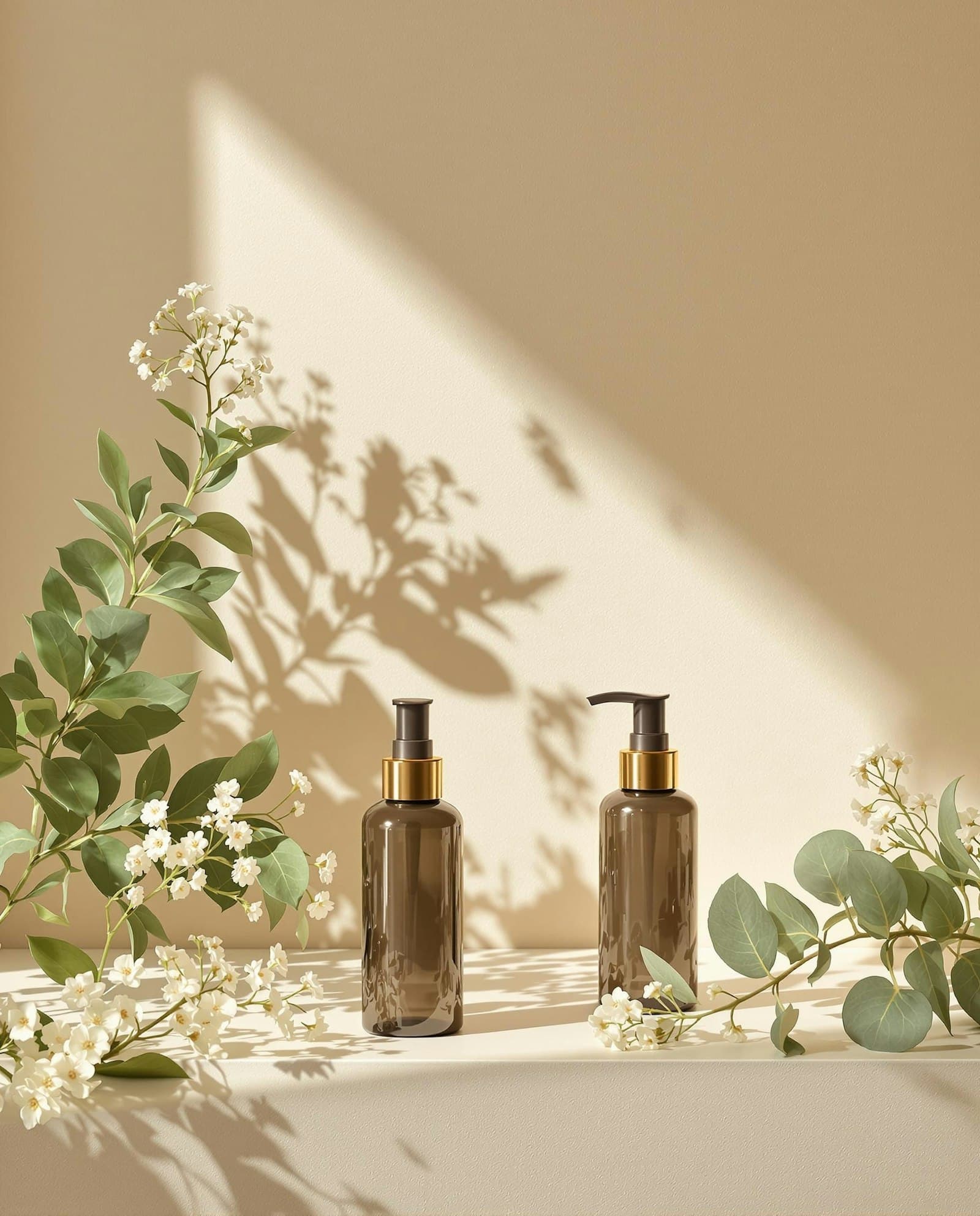 Minimal bottle scene with soft shadows for the Maison Tevre identity