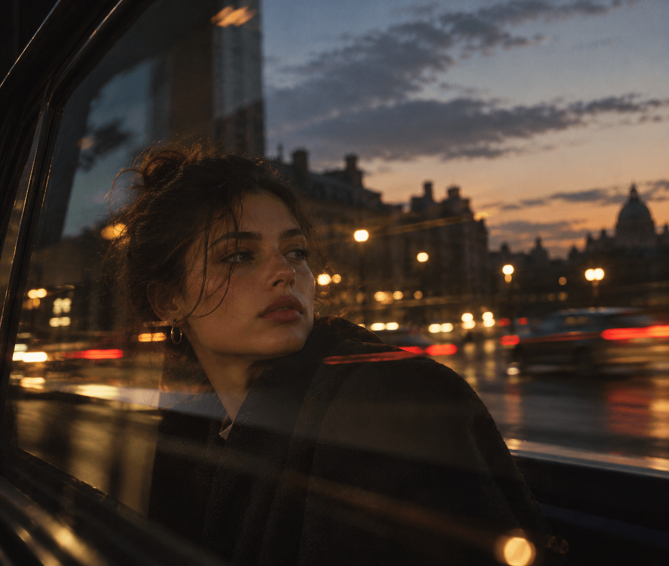 Aurelia gazing out of a car window at dusk with London lights behind her